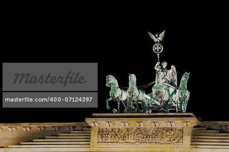 Tha statue upon the Brandenburg Gate in Berlin. It depicts Victoria and was created together with the gate between 1788 and 1791.