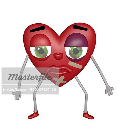 Heart character bruised and battered, looking sad.  Symbol for heart attack or for sadness after relationship problems