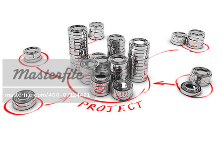 Stacks of generic coins over white background with red arrows pointing the highest pile. Conceptual 3D render for money investment or collaborative finance.