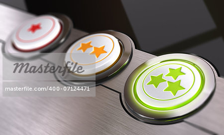 Customer feedback concept, based on stars from one to three, conceptual 3D render symbol of excellent and positive client satisfaction. Blur effect