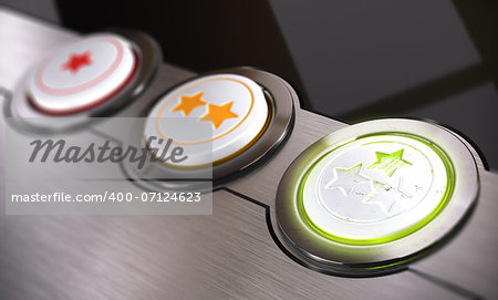 Customer feedback concept, based on stars from one to three, the green feedback button is used ans scratched, Conceptual 3D render symbol of excellent and positive client satisfaction. Blur effect