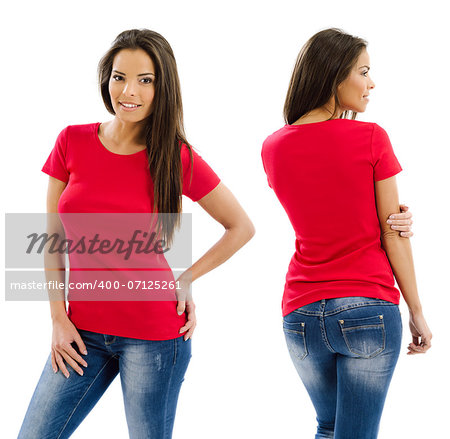 Young beautiful sexy female with blank red shirt, front and back. Ready for your design or artwork.