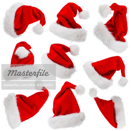 Furry and fluffy Santa Claus hats set isolated on white - christmas symbols