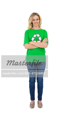 Cheerful blonde environmental activist posing on white background