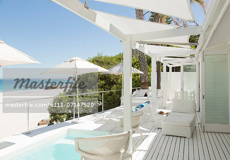 Patio overlooking beach and ocean