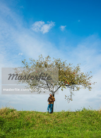 Farmer standing on hill next to apple tree, eating apple, Germany