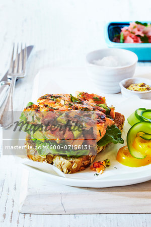 Salmon and avocado burger on whole grain bread on plate, studio shot Salmon and avocado burger on whole grain bread on plate, studio shot