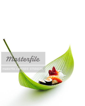 Sushi on bamboo leaf, studio shot