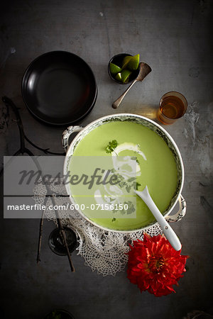 Cilantro soup in bowl with red flower, Mexican Fiesta, studio shot