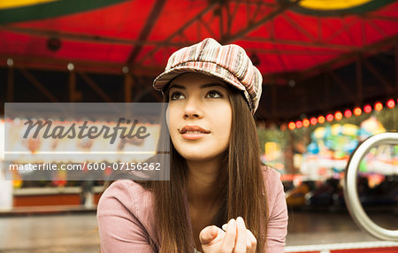 Portrait of Young Woman at Amusement Park, Mannheim, Baden-Wurttermberg, Germany