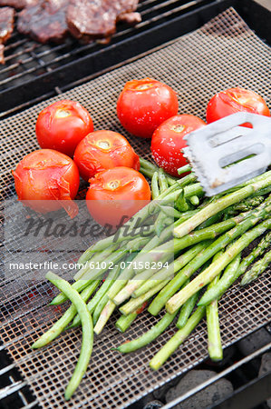 Vegetables on grill, high angle view