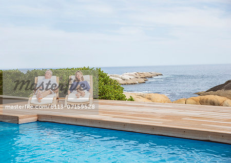 Senior couple relaxing at poolside