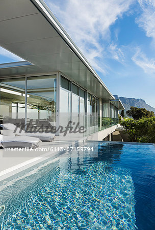 Patio and pool along modern house