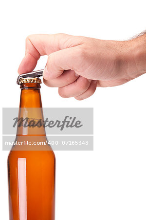 A hand opening a bottle of beer.