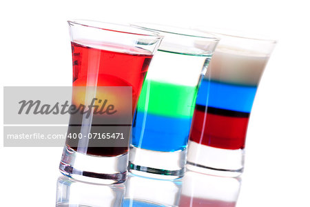 Shot cocktail collection: Morning, Anabolic and Russian Flag isolated on white background