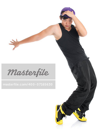 Full body cool looking young Asian teenager dance hip hop isolated on white background. Asian youth culture.