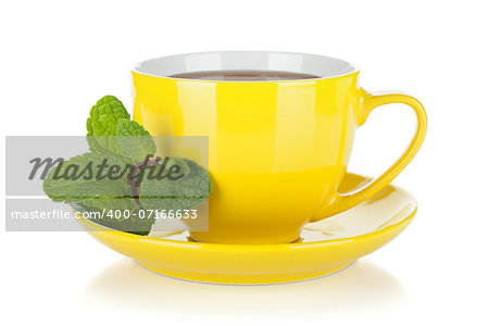 Yellow tea cup with mint. Isolated on white background