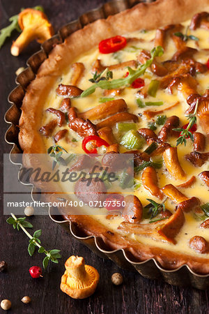 Homemade vegetable pie with chanterelle mushrooms and herbs.