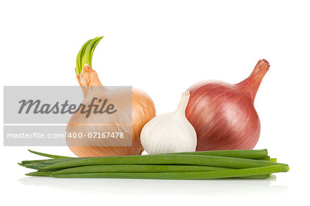 Fresh ripe onion and garlic. Isolated on white background