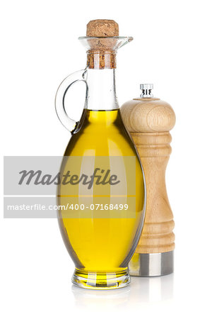 Olive oil bottle and pepper shaker. Isolated on white background