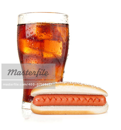 Glass of cola with ice and hot dog. Isolated on white background