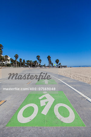 Santa Monica beach - Los Angeles. A bicycle path for active people