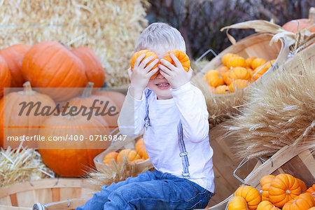 little boy having fun at pumpkin patch
