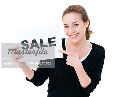 happy portrait young woman with board sale