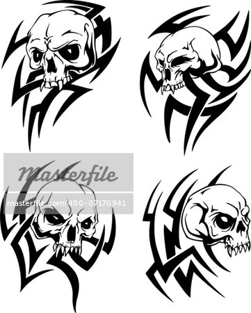 Skull tattoos. Set of black and white vector illustrations.