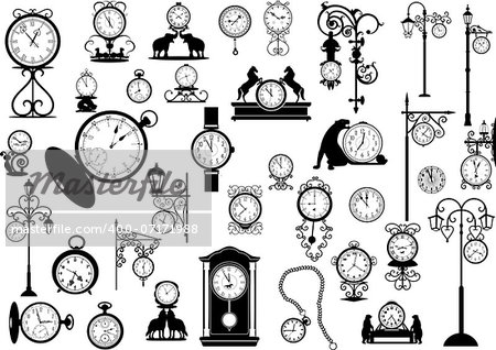 Collection of vector clocks and watches, black and white