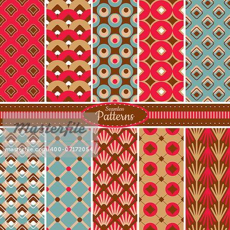 Collection of 10 geometric colorful seamless pattern background. Great for web page backgrounds, wallpapers, interiors, home decor, apparel, etc. Vector file includes pattern swatch for each pattern.