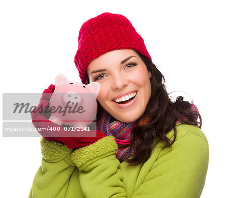 Happy Smiling Mixed Race Woman Wearing Winter Clothing Holding Piggybank Isolated on White Background.