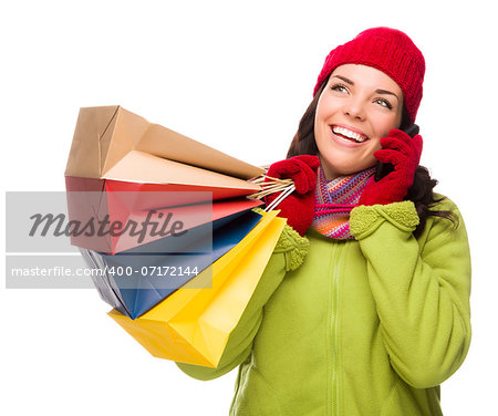 Mixed Race Woman Holding Shopping Bags Talking On Cell Phone Looking Up and to the Side Isolated on White Background.