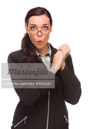 Funny Faced Mixed Race Businesswoman Holding Her Hands to the Side Isolated on a White Background.