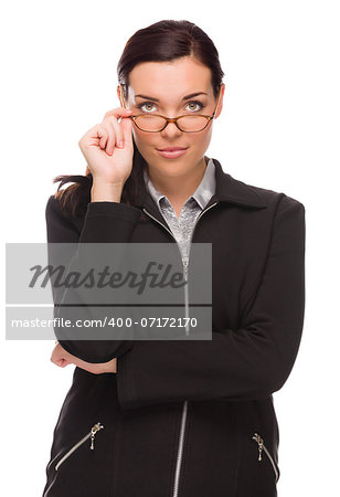 Confident Mixed Race Businesswoman Touching her Glasses Isolated on a White Background.
