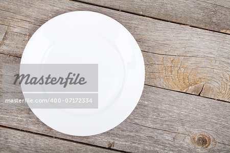 Empty plate on wood table. View from above