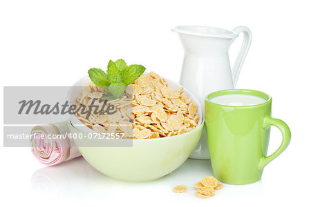 Fresh corn flakes with milk. Isolated on white background