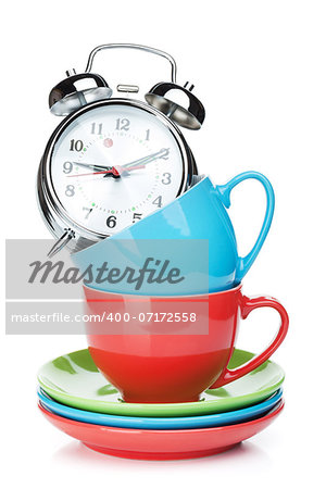 Coffee cups and alarm clock. Isolated on white background