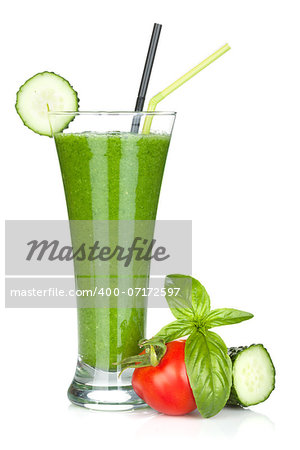 Green vegetable smoothie with cucumber and herbs. Isolated on white background