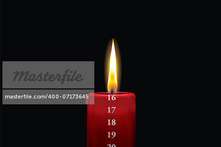 Realistic vector illustraton of a lit red christmas advent candle with the 16th of december showing. Decorative and beautiful art where you can feel the heat of the glowing flame.