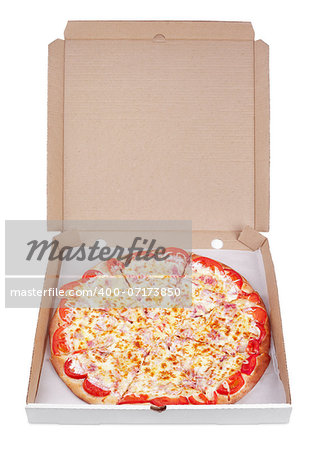 Delicious italian pizza in cardboard box isolated on white with clipping path