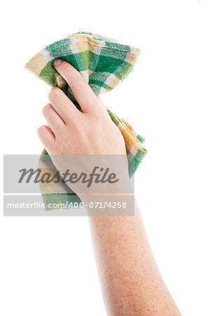 Hand with checkered cleaning cloth isolated on white