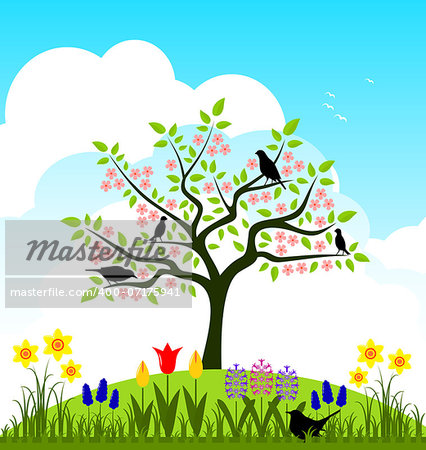 vector bed of spring flowers and flowering tree with birds, Adobe Illustrator 8 format