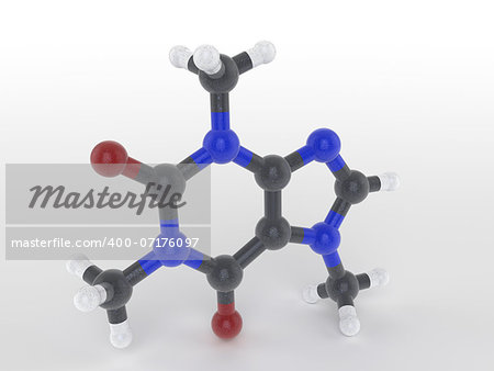 Structure of a caffeine molecule a naturally occuring psychoactive drug found in coffee, tea and verba with pharmaceutical and medicinal properties