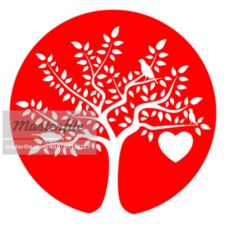 vector tree with one big heart and birds isolated on red round, Adobe Illustrator 8 format