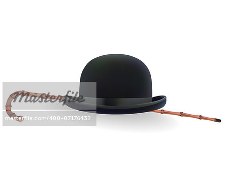 bowler hat and bamboo cane on a white background