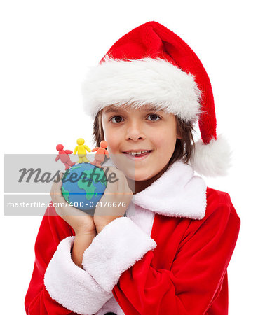 Merry christmas for all the world concept - child holding clay figure earth and people