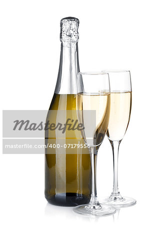 Champagne bottle and two glasses. Isolated on white background
