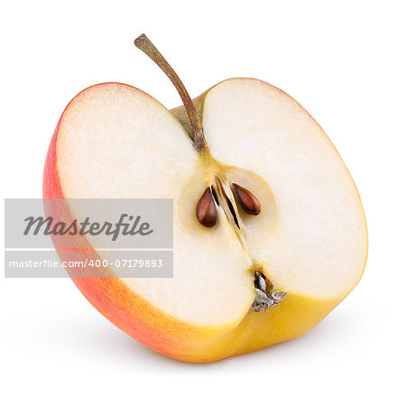 Closeup of red yellow apple half isolated on white with clipping path