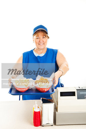 Restaurant worker serving two fast food  meals with a smile.  Isolated on white.